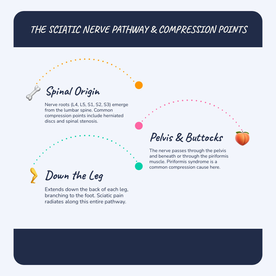 Detailed infographic showing the sciatic nerve pathway from L4-S3 nerve roots in the lumbar spine, through the pelvis, and down both legs, with common compression points highlighted including herniated discs, spinal stenosis, and piriformis muscle - what causes sciatic nerve pain infographic infographic-line-3-steps-blues-accent_colors