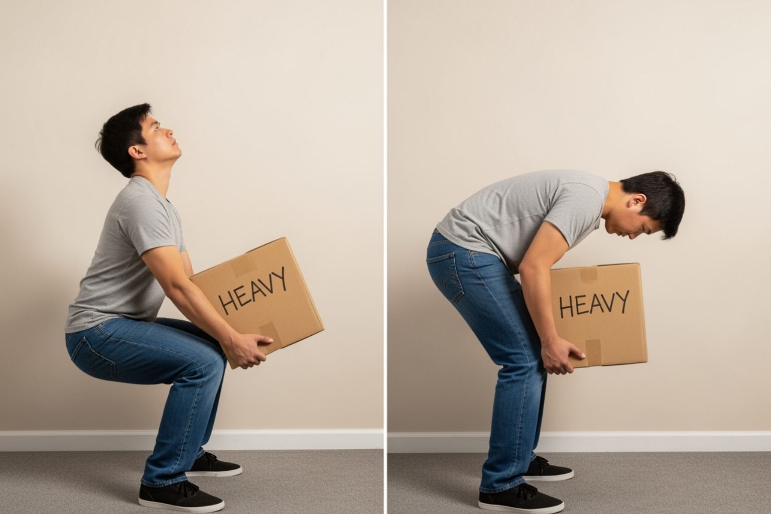 A split image showing one person demonstrating proper lifting technique (bending knees, keeping back straight) and another person demonstrating improper technique (bending at the waist, rounded back) - what causes sciatic nerve pain