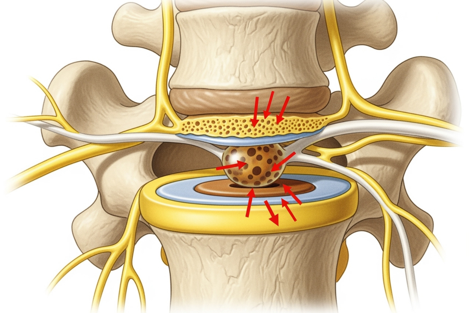 A detailed illustration of a herniated disc in the lumbar spine compressing a spinal nerve root, with arrows indicating the direction of pressure - what causes sciatic nerve pain