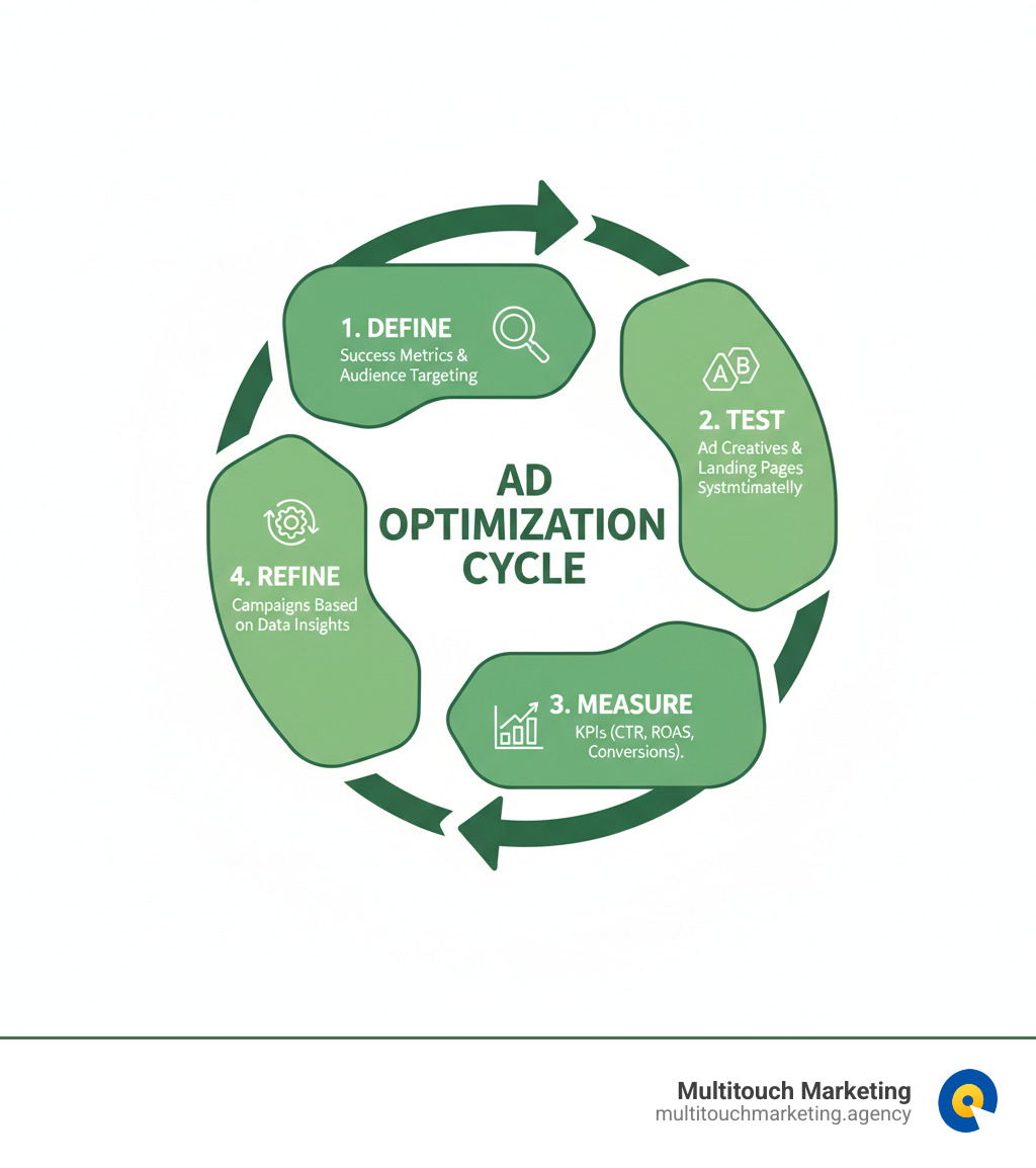 Infographic showing the continuous cycle of ad optimization with four connected stages: Define success metrics and audience targeting, Test ad creatives and landing pages systematically, Measure key performance indicators like CTR and ROAS, and Refine campaigns based on data insights, with arrows indicating the ongoing nature of optimization - Improve ad performance infographic 
