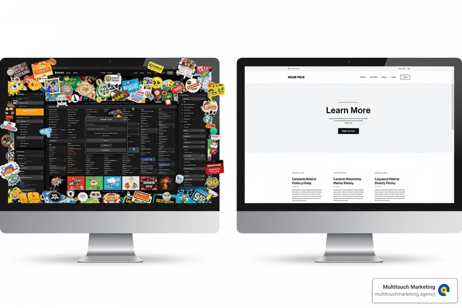 A visual comparison showing a cluttered, difficult-to-steer landing page on the left, next to a clean, well-organized landing page with a clear call-to-action on the right. - Improve ad performance