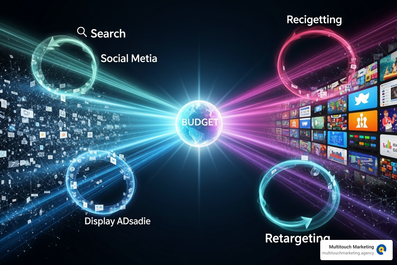 A pie chart illustrating a hypothetical budget allocation across different advertising channels, showing segments for Search Ads, Social Media Ads, Display Ads, and Retargeting. - Improve ad performance