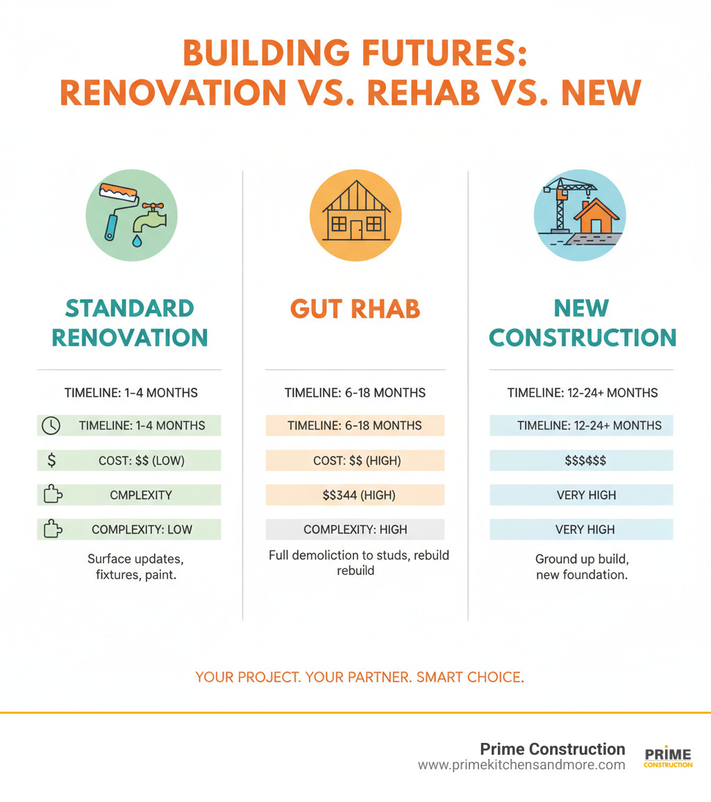 Infographic showing the key differences between standard renovation (surface updates like paint and fixtures), gut rehab (complete interior demolition to studs with full rebuild), and new construction (building from foundation up), including typical timeline, cost ranges, and complexity levels for each approach - rehab contractor infographic 