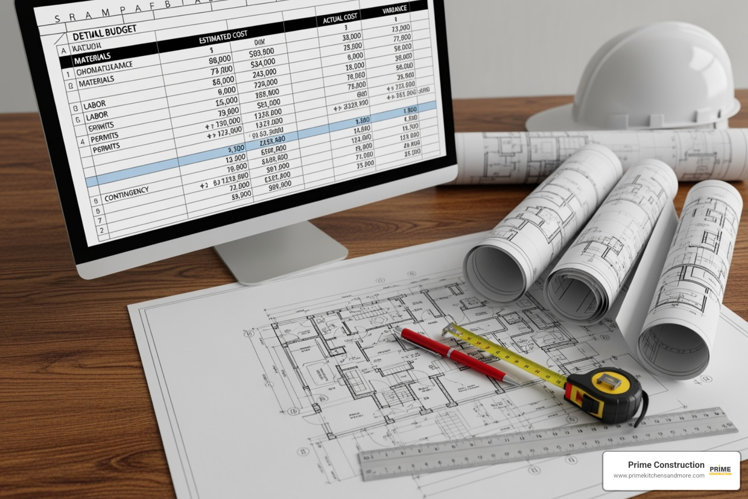 Detailed budget spreadsheet next to construction plans - rehab contractor