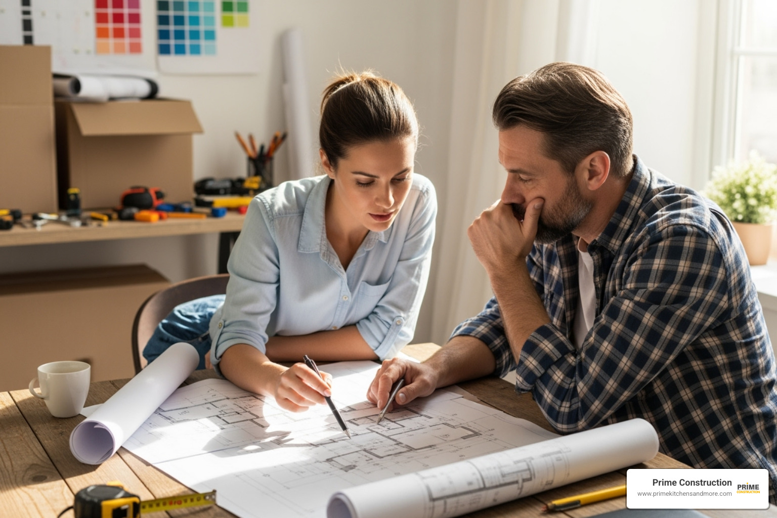 Homeowner and contractor reviewing blueprints together - rehab contractor
