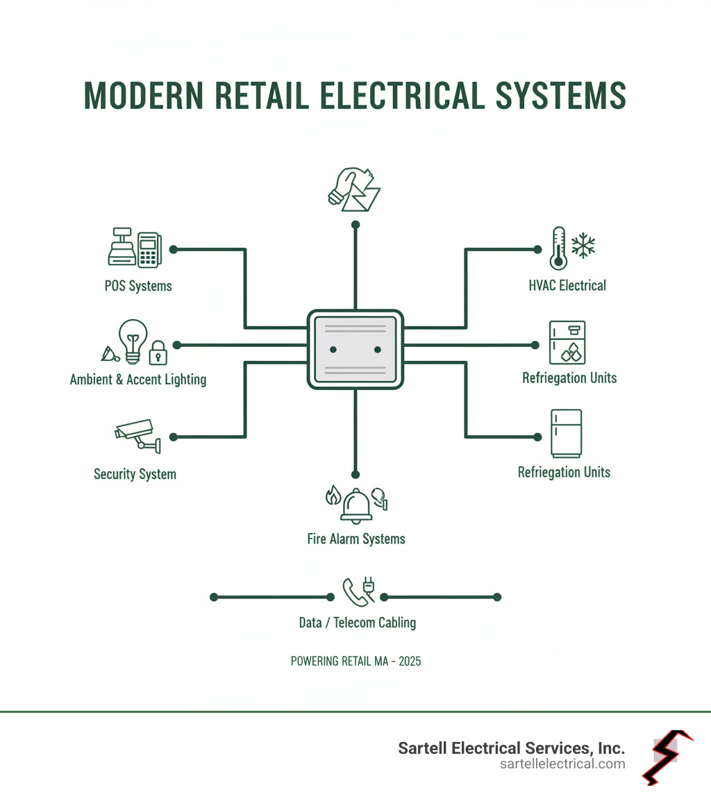 Infographic showing the key electrical components of a modern retail store including power distribution panels feeding POS systems, ambient and accent lighting circuits, security system wiring, HVAC electrical connections, refrigeration unit power, fire alarm systems, and data/telecom cabling infrastructure - Retail Electrical Services MA infographic 