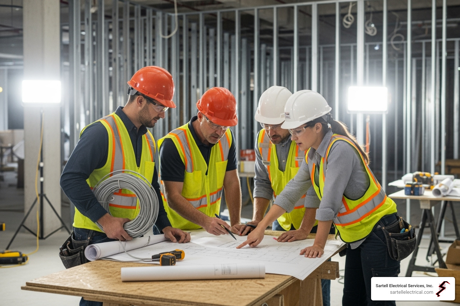 electricians collaborating with a designer on a retail construction site - Retail Electrical Services MA