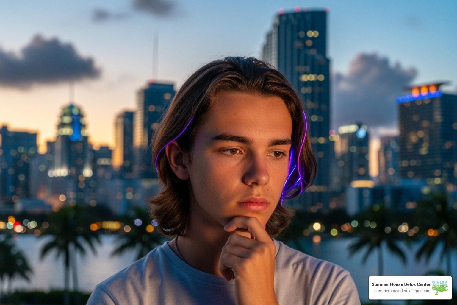 Miami skyline contrasted with a thoughtful teenager - rehab for teens miami Miami skyline contrasted with a thoughtful teenager - rehab for teens miami