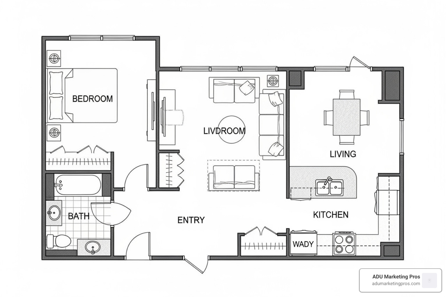 one-bedroom garage conversion floor plan layout - los angeles garage adu floor plan