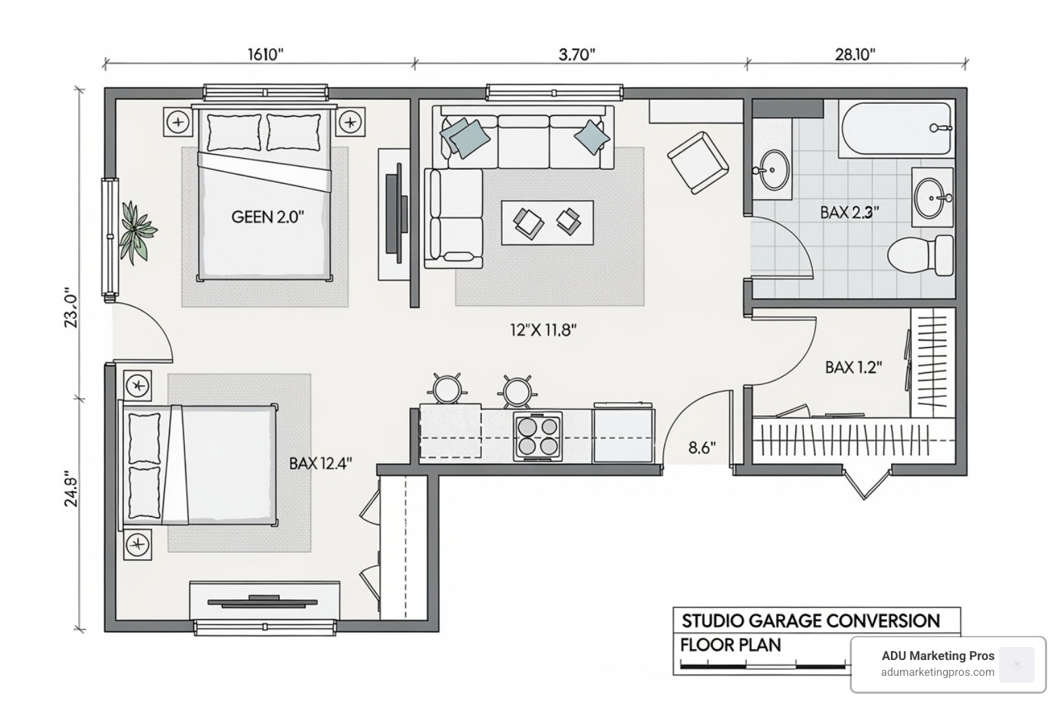 detailed studio garage conversion floor plan layout - los angeles garage adu floor plan