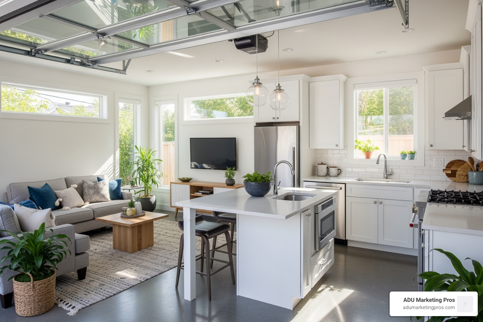 bright, open-concept interior of a garage ADU with a combined living and kitchen area - los angeles garage adu floor plan