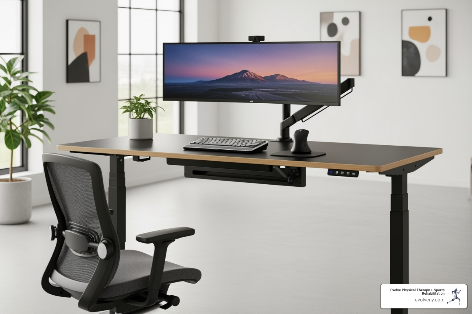 Ergonomic workstation with adjustable chair, standing desk, monitor arm, and proper keyboard/mouse placement. - awkward posture ergonomics Ergonomic workstation with adjustable chair, standing desk, monitor arm, and proper keyboard/mouse placement. - awkward posture ergonomics