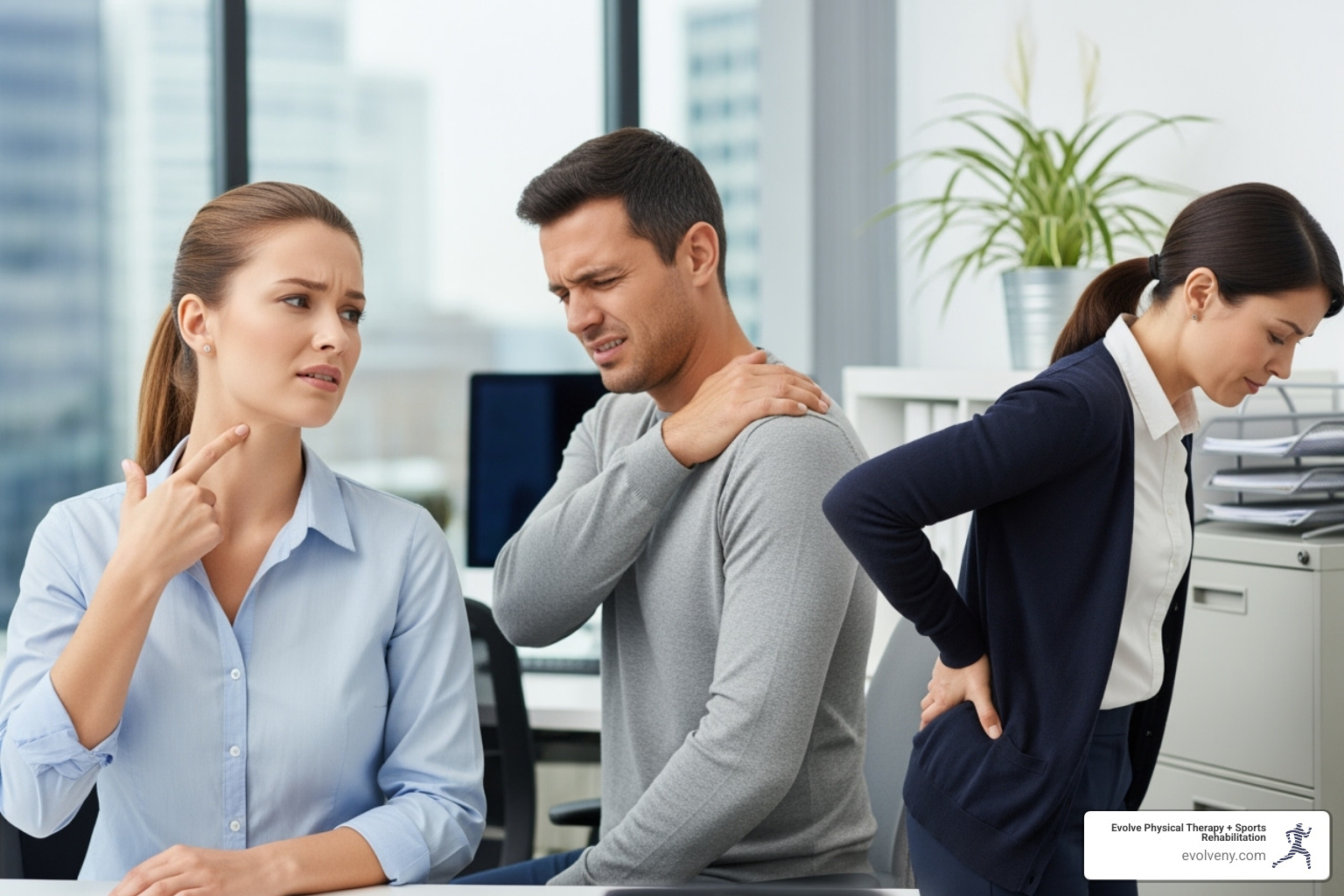 Worker pointing to a painful spot on their neck, another worker rubbing their shoulder, and a third worker holding their lower back, illustrating common pain points from awkward postures. - awkward posture ergonomics Worker pointing to a painful spot on their neck, another worker rubbing their shoulder, and a third worker holding their lower back, illustrating common pain points from awkward postures. - awkward posture ergonomics
