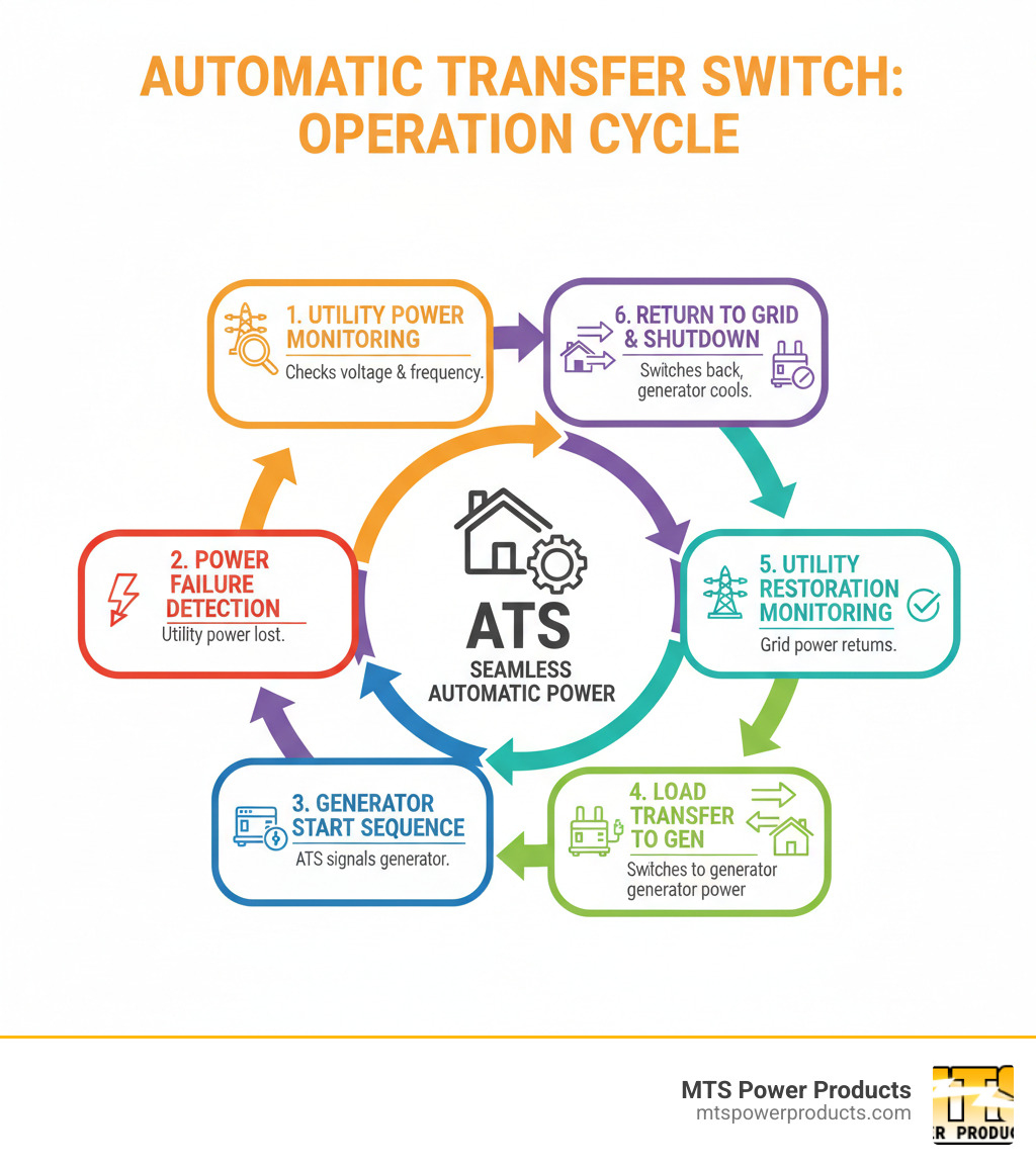 Detailed infographic showing the complete ATS operation cycle from utility power monitoring through power failure detection, generator startup sequence, load transfer to generator, utility power restoration monitoring, and automatic return to grid power with generator shutdown - how does a generator automatic transfer switch work infographic 