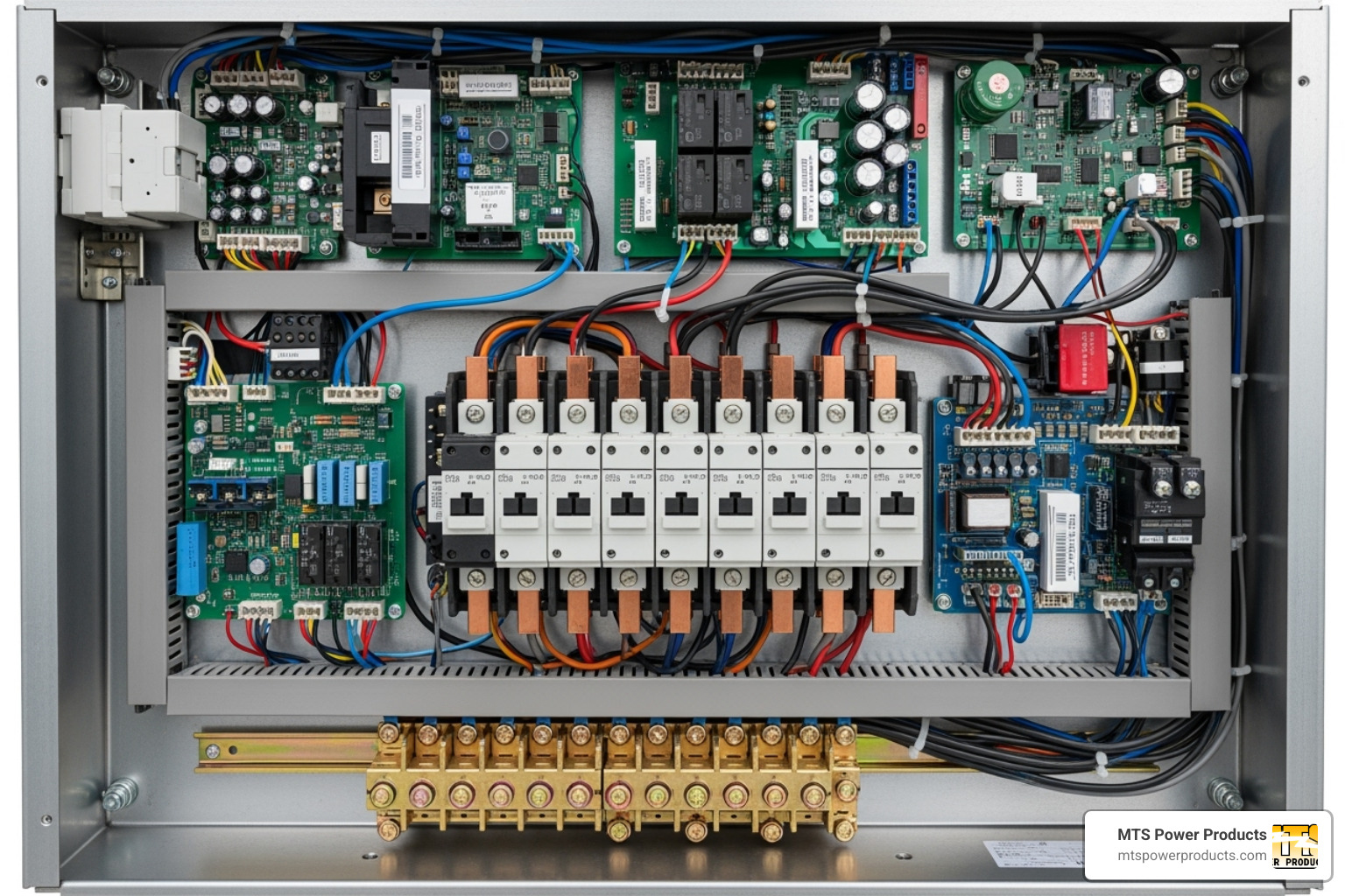 showing the internal components of an open ATS unit with labels - how does a generator automatic transfer switch work