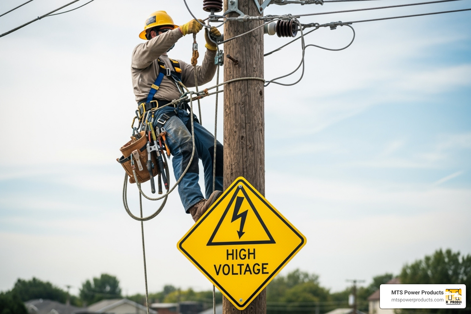 of a utility worker on a power line with a warning symbol about backfeed - how does a generator automatic transfer switch work