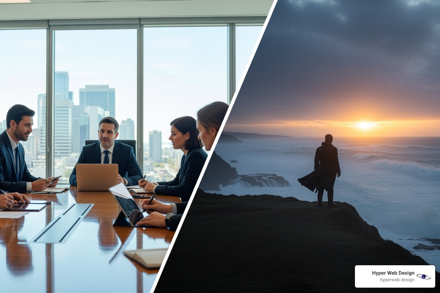 Split-screen showing a corporate video on one side and a cinematic film shot on the other - video production company Split-screen showing a corporate video on one side and a cinematic film shot on the other - video production company