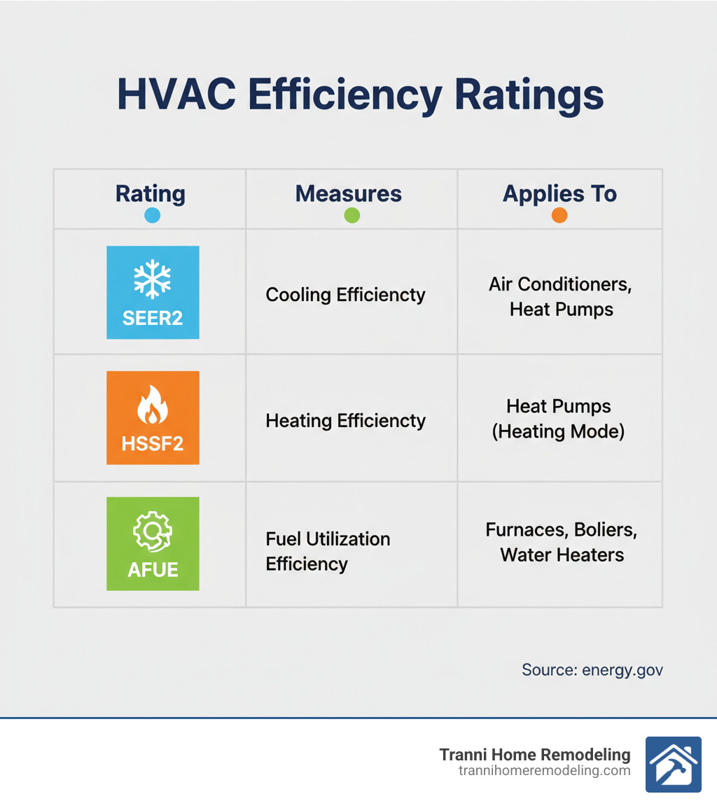 Table comparing SEER2, HSPF2, and AFUE ratings - hvac infographic 