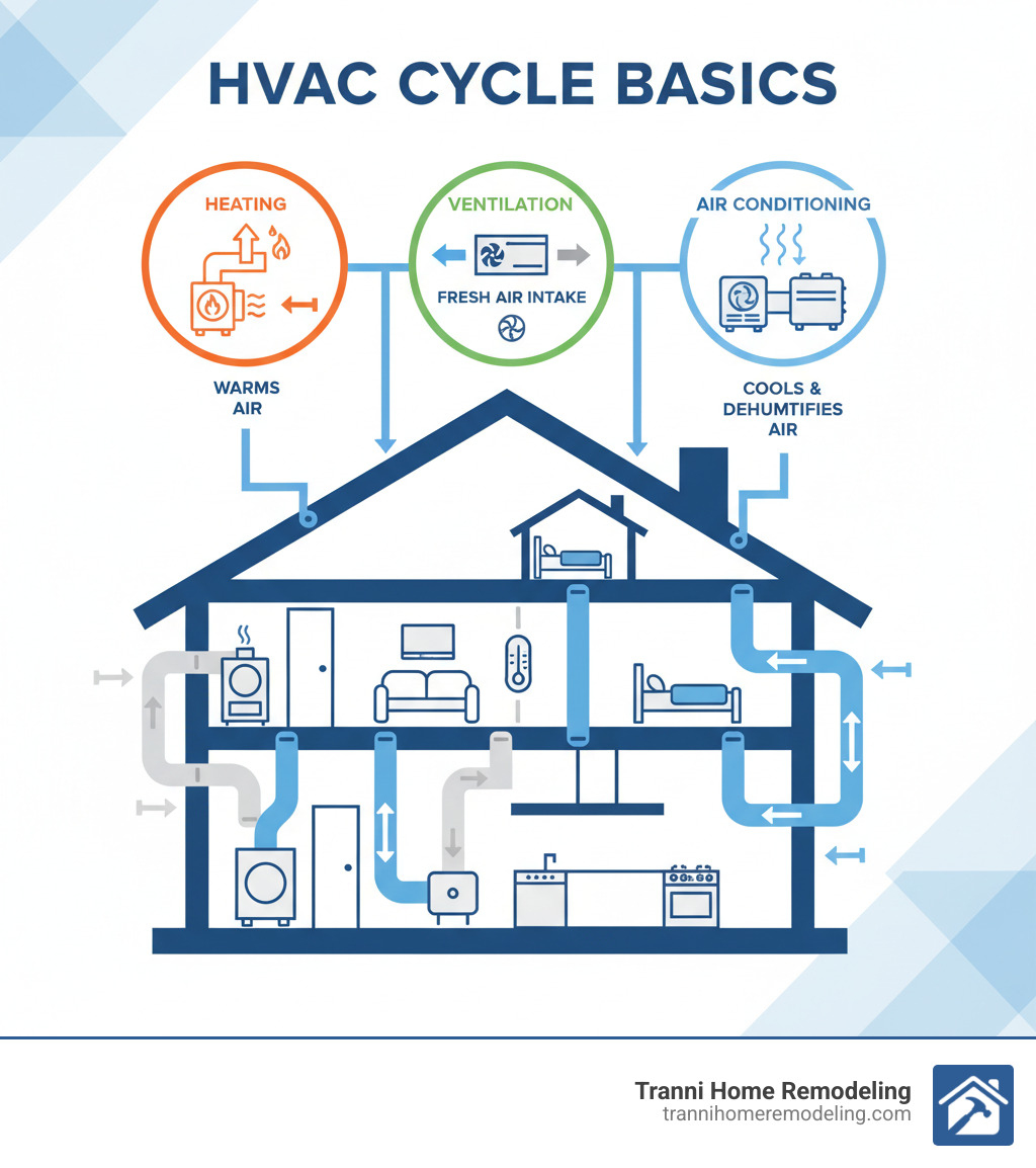 Comprehensive infographic showing the basic HVAC cycle with three main sections: heating (furnace/heat pump warming air), ventilation (fresh air intake and stale air exhaust with arrows showing air flow), and air conditioning (cooling coils and refrigeration cycle), all connected through ductwork to different rooms in a home cross-section - hvac infographic 