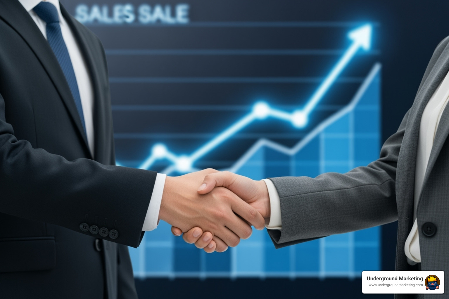 A handshake in front of a graph showing upward sales trends, representing a successful white label PPC partnership. - white label PPC pricing