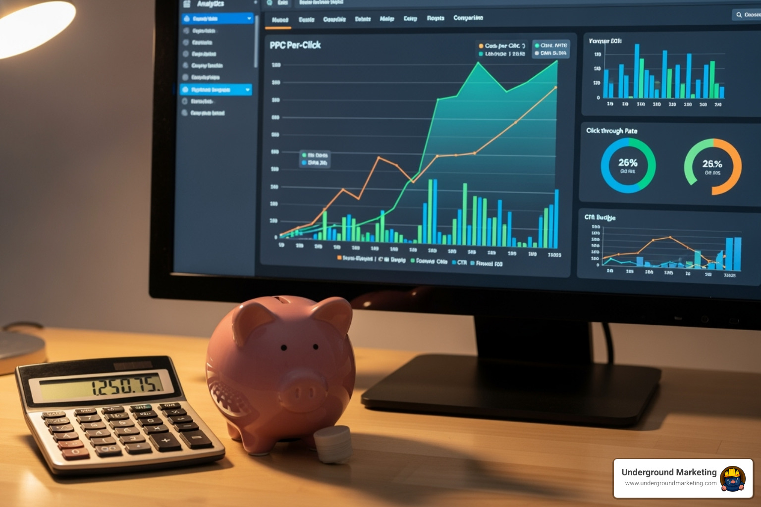 A calculator and piggy bank next to a computer displaying PPC analytics, illustrating the concept of white label PPC pricing. - white label PPC pricing