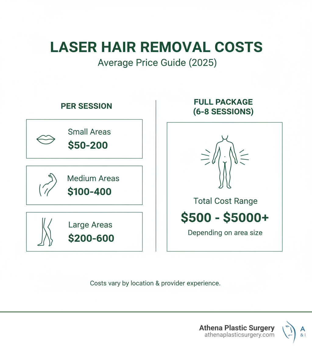 Comprehensive breakdown of laser hair removal costs showing average price ranges per session for small areas ($50-200), medium areas ($100-400), and large areas ($200-600), plus total package costs for 6-8 sessions ranging from $500-5000+ depending on treatment area - Laser hair removal cost infographic 