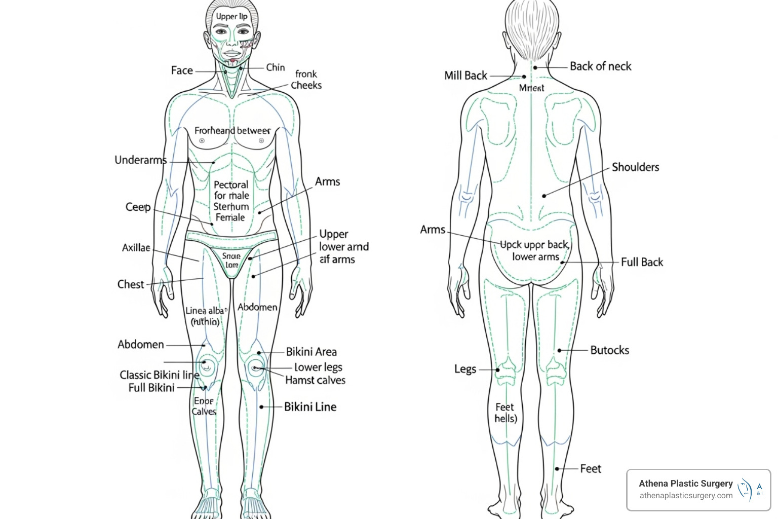 Diagram of body treatment areas - Laser hair removal cost