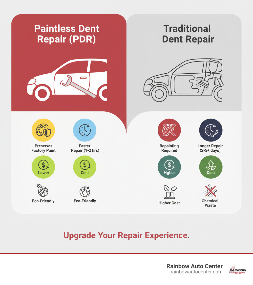 Infographic showing the paintless dent repair process with specialized tools massaging metal back to original shape, highlighting benefits of preserving factory paint, faster repair times, lower costs, and environmental friendliness compared to traditional body filler methods - dent repair specialist infographic Infographic showing the paintless dent repair process with specialized tools massaging metal back to original shape, highlighting benefits of preserving factory paint, faster repair times, lower costs, and environmental friendliness compared to traditional body filler methods - dent repair specialist infographic