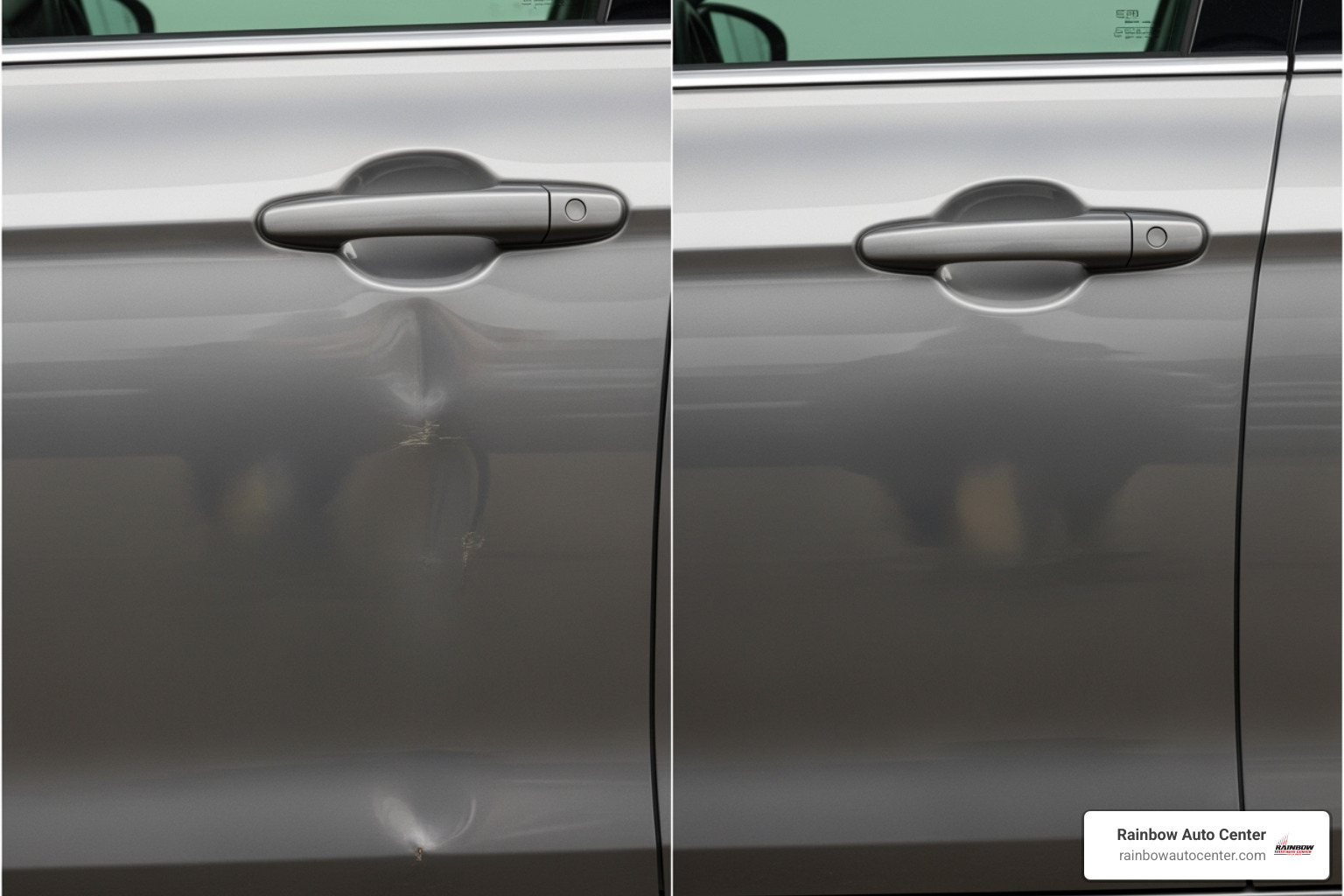 Before-and-after PDR repair on a car door - dent repair specialist Before-and-after PDR repair on a car door - dent repair specialist