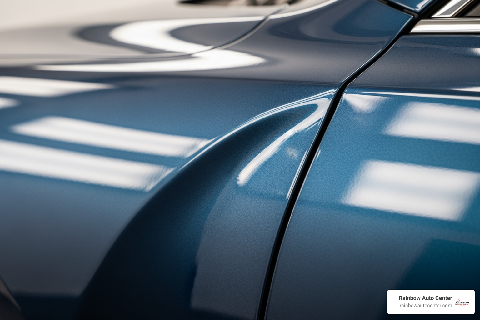 A close-up of a perfectly repaired car panel, reflecting a clear, flawless finish, showcasing quality work at Rainbow Auto Center in Hayward - dent repair specialist A close-up of a perfectly repaired car panel, reflecting a clear, flawless finish, showcasing quality work at Rainbow Auto Center in Hayward - dent repair specialist
