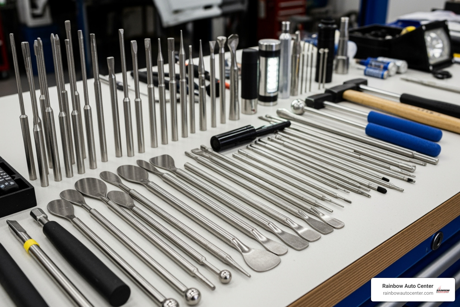 PDR technician's specialized tools laid out neatly - dent repair specialist PDR technician's specialized tools laid out neatly - dent repair specialist