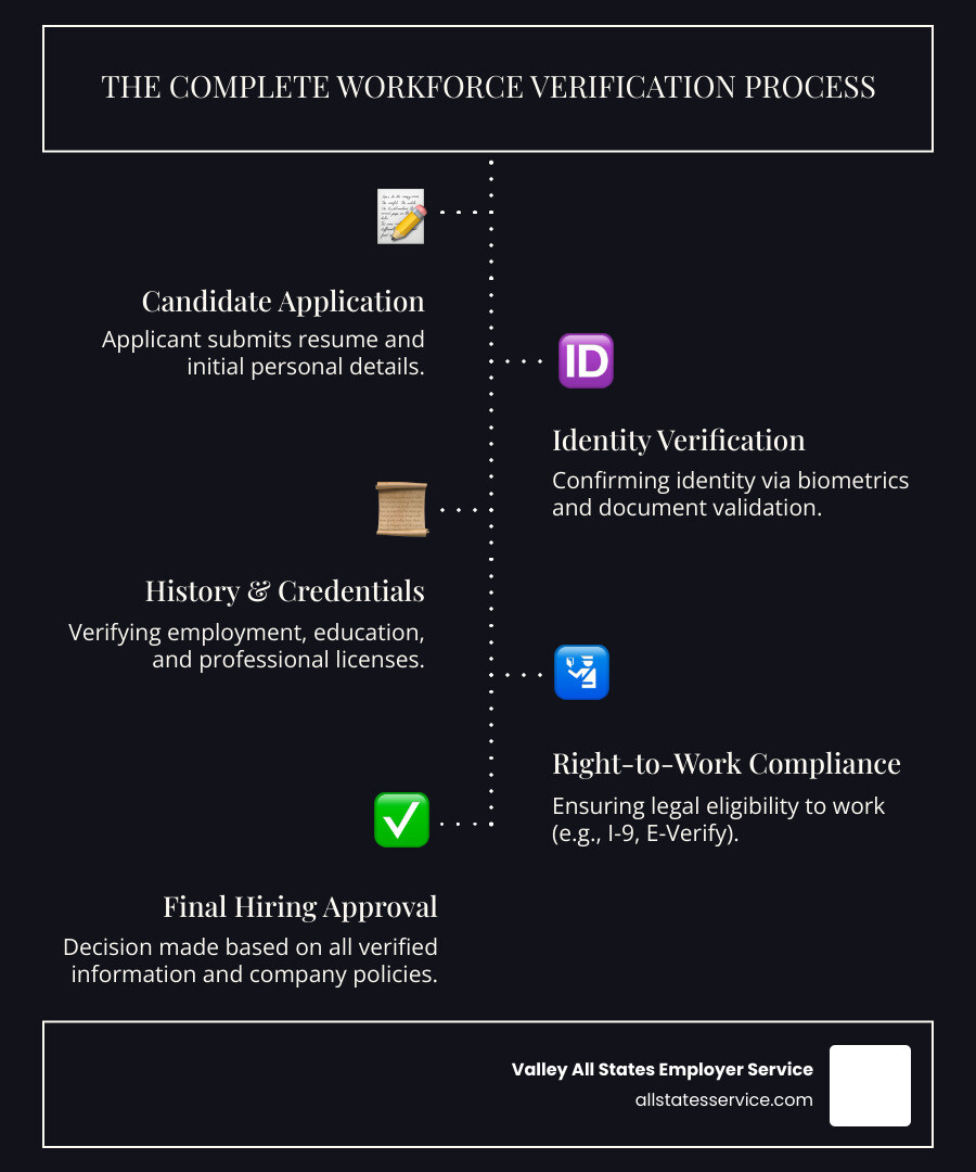 Comprehensive infographic showing the complete workforce verification process from initial candidate application through identity verification, employment history checks, education validation, right-to-work confirmation, and final hiring approval, with icons representing each verification step and estimated timeframes - Workforce verification solutions infographic infographic-line-5-steps-dark