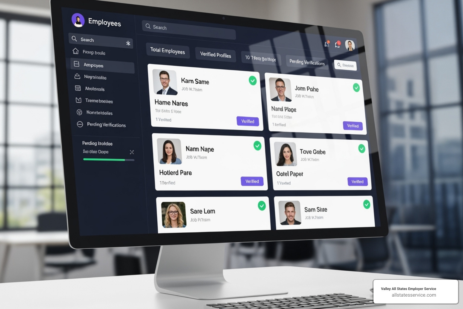 Image of a dashboard displaying multiple verified employee profiles with green checkmarks, representing successful verification - Workforce verification solutions