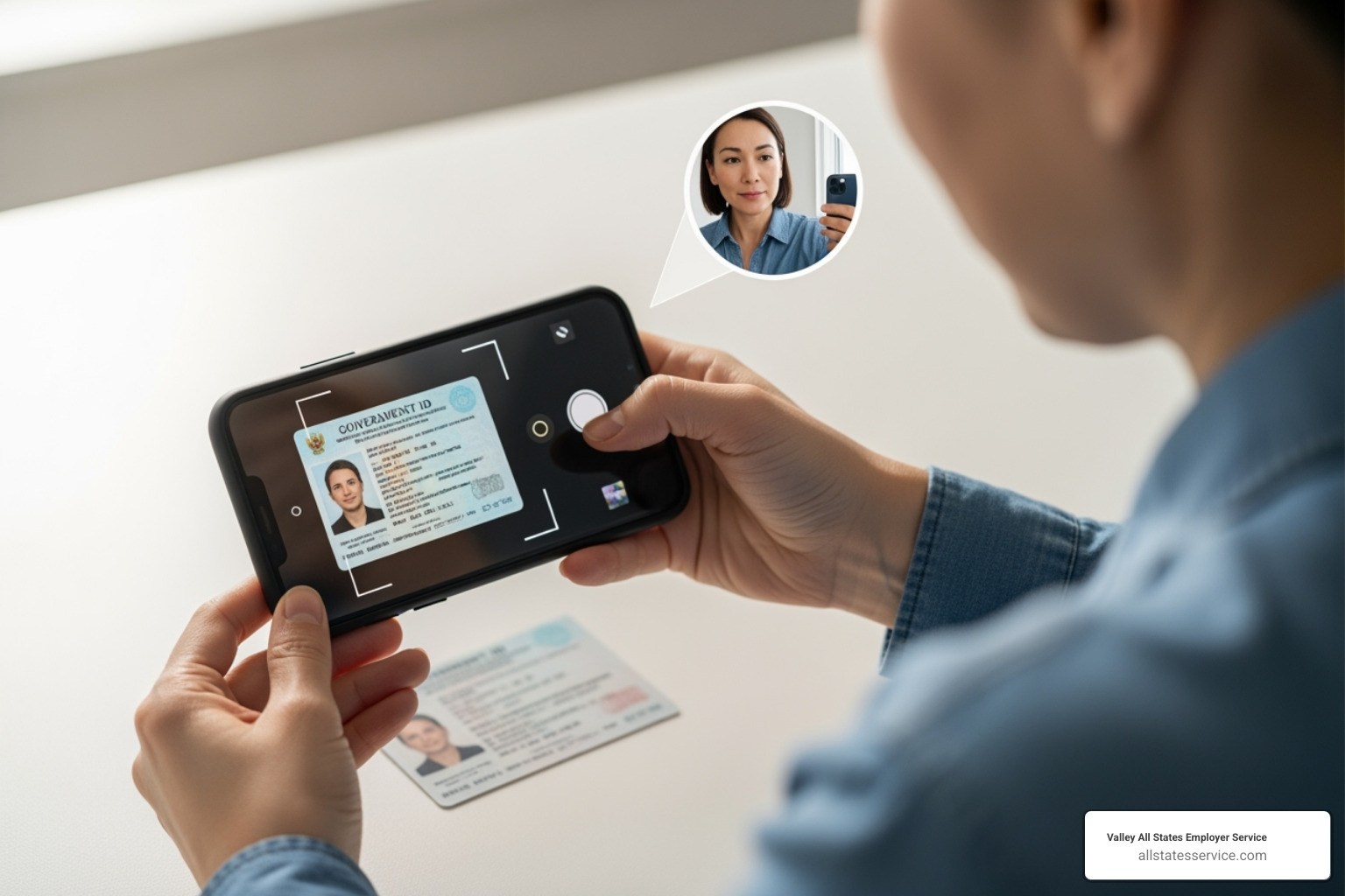 Image of Nametag's verification process, showing a user scanning a document and taking a selfie for identity confirmation - Workforce verification solutions