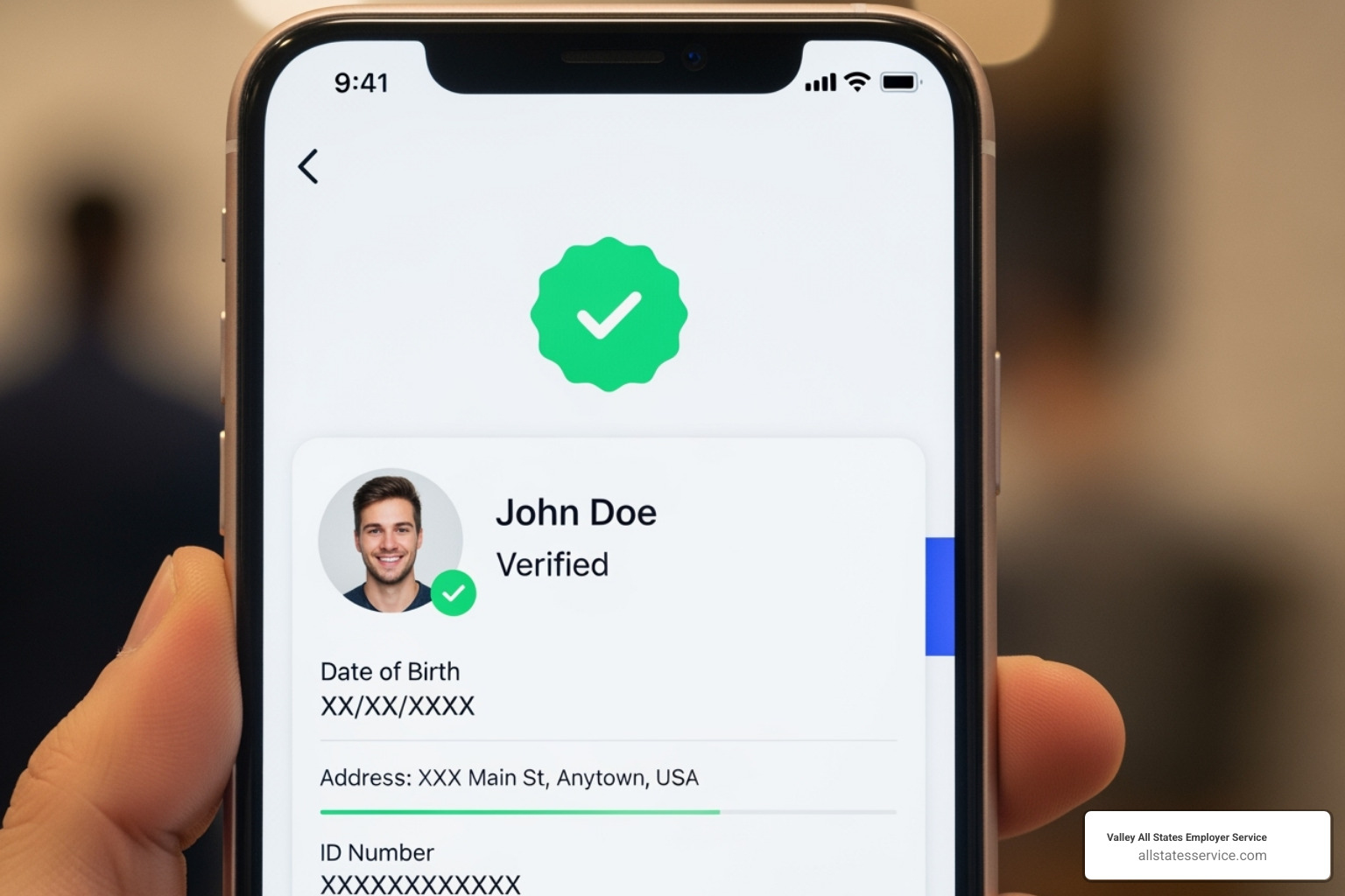 Image of the CLEAR app interface on a smartphone, showing a user's verified identity and a green checkmark - Workforce verification solutions