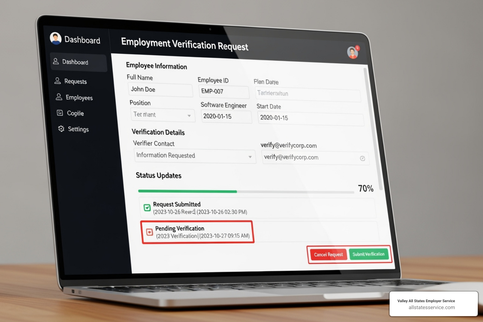 Image of the Truework platform interface, showing an employment verification request being processed - Workforce verification solutions