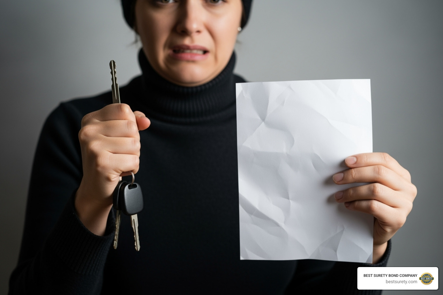 person looking stressed holding car keys without title document - can i get a bonded title online