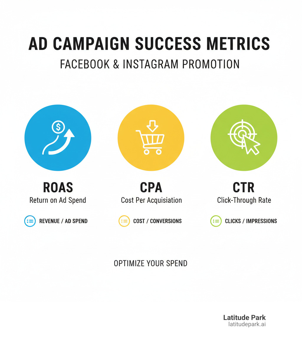 Infographic summarizing key metrics for ad campaign success: ROAS, CPA, CTR - facebook and instagram promotion infographic 