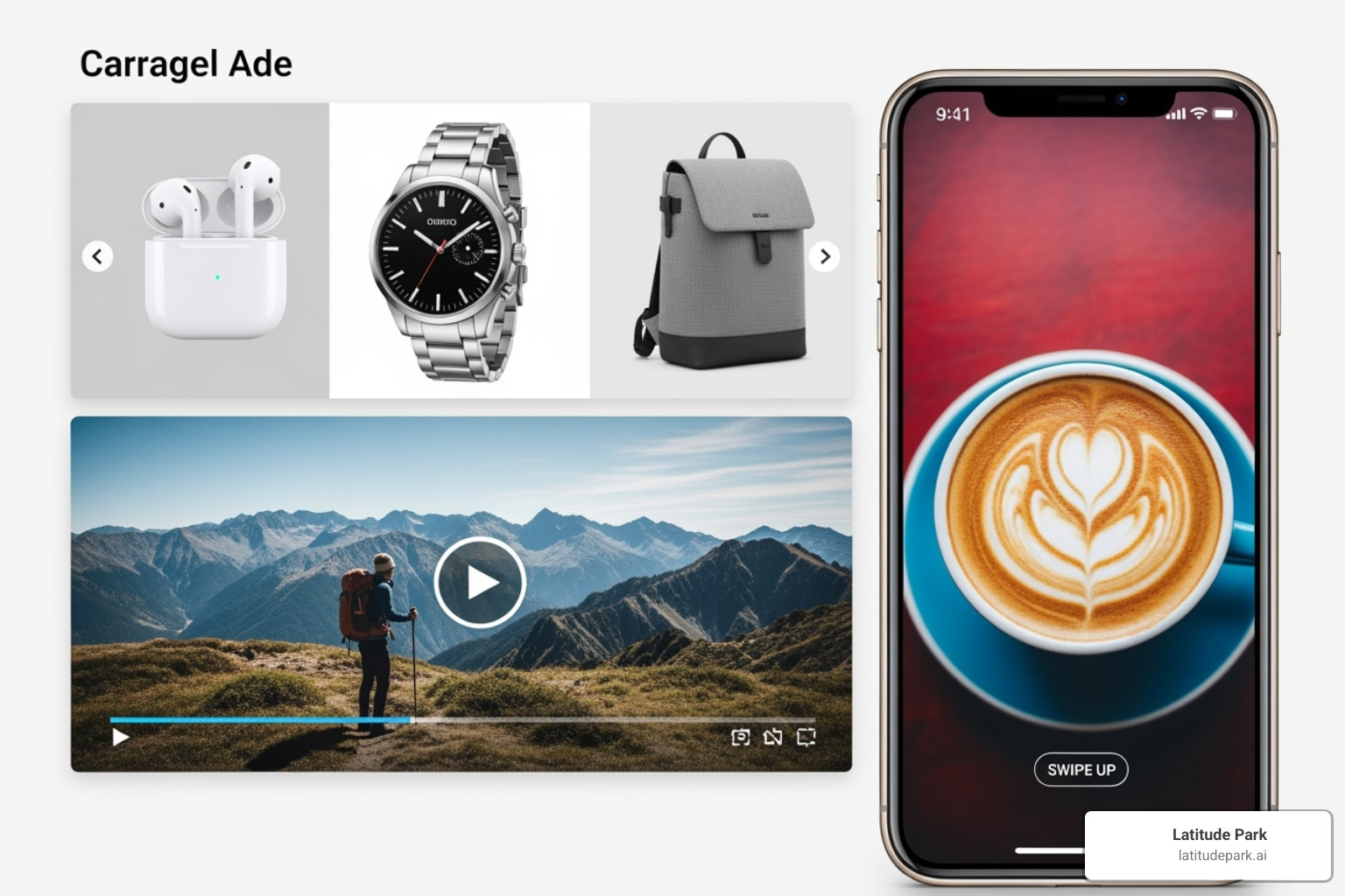 Collage of Carousel, Video, and Story ad formats on a phone screen - facebook and instagram promotion