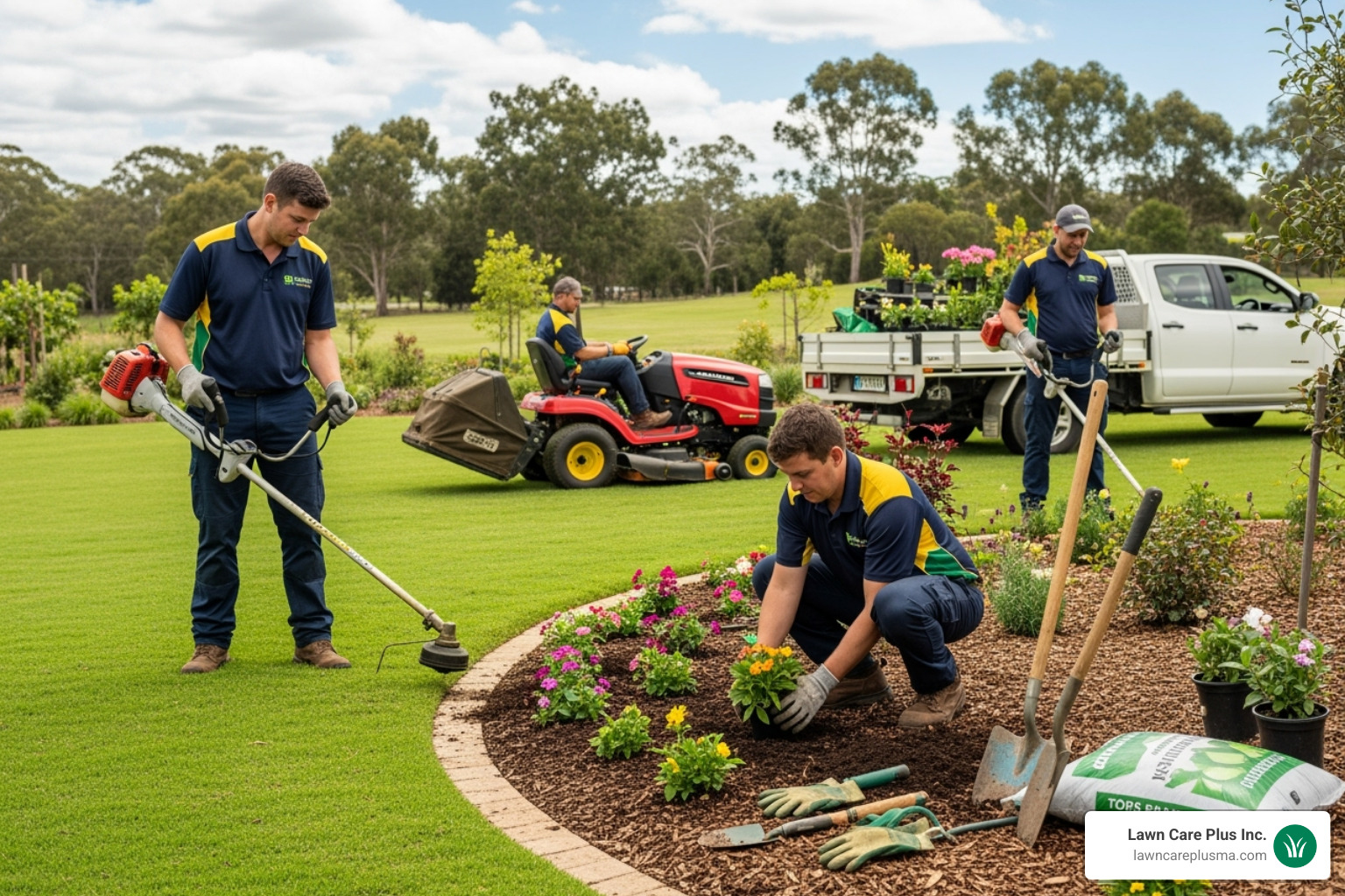 professional landscaping crew working on a lawn and garden bed - Landscaper Canton MA