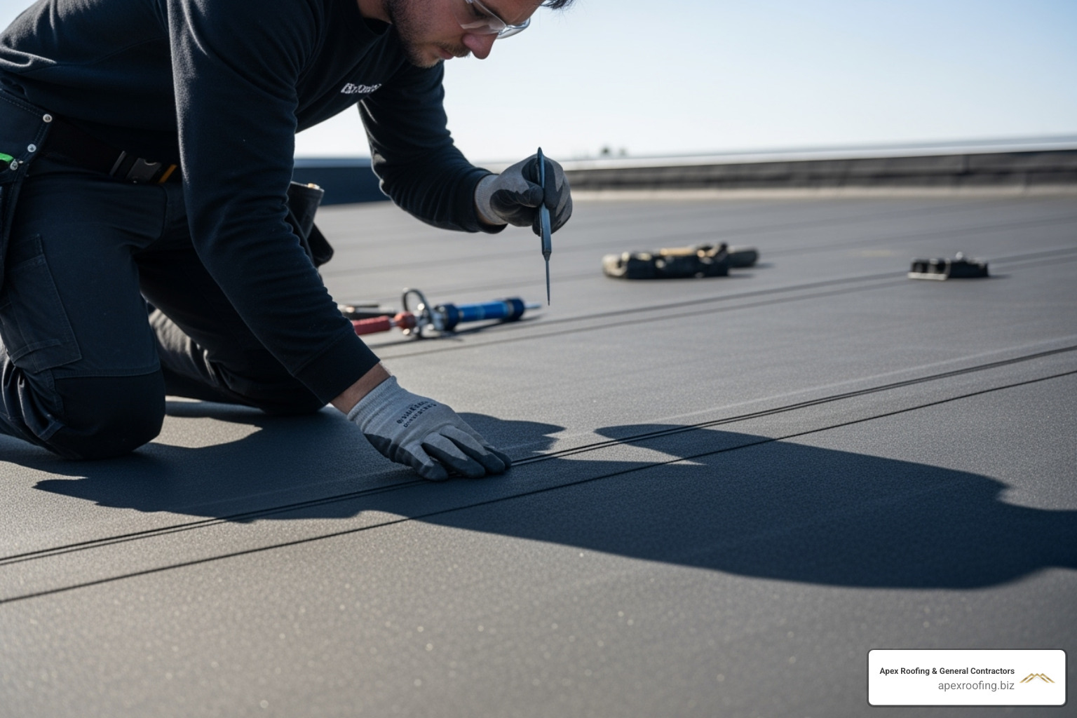 A roofing professional carefully inspecting the seams on an EPDM roof for any signs of wear or damage - epdm roofing installation services san antonio tx