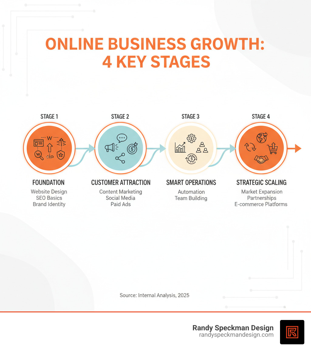 Comprehensive infographic showing the four key stages of online business growth: Stage 1 Foundation (website design, SEO basics, brand identity), Stage 2 Customer Attraction (content marketing, social media, paid ads), Stage 3 Smart Operations (analytics, automation, team building), and Stage 4 Strategic Scaling (market expansion, partnerships, e-commerce platforms) - grow business online infographic 
