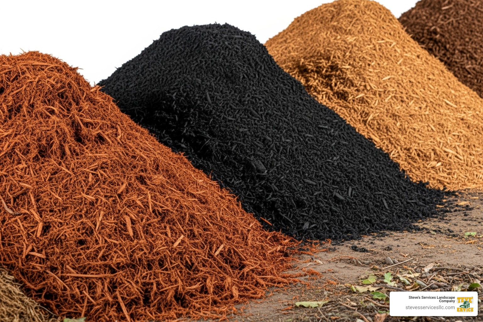 different piles of mulch, labeled (e.g., Hemlock, Black, Red Cedar) - Mulch Delivery Saugus MA