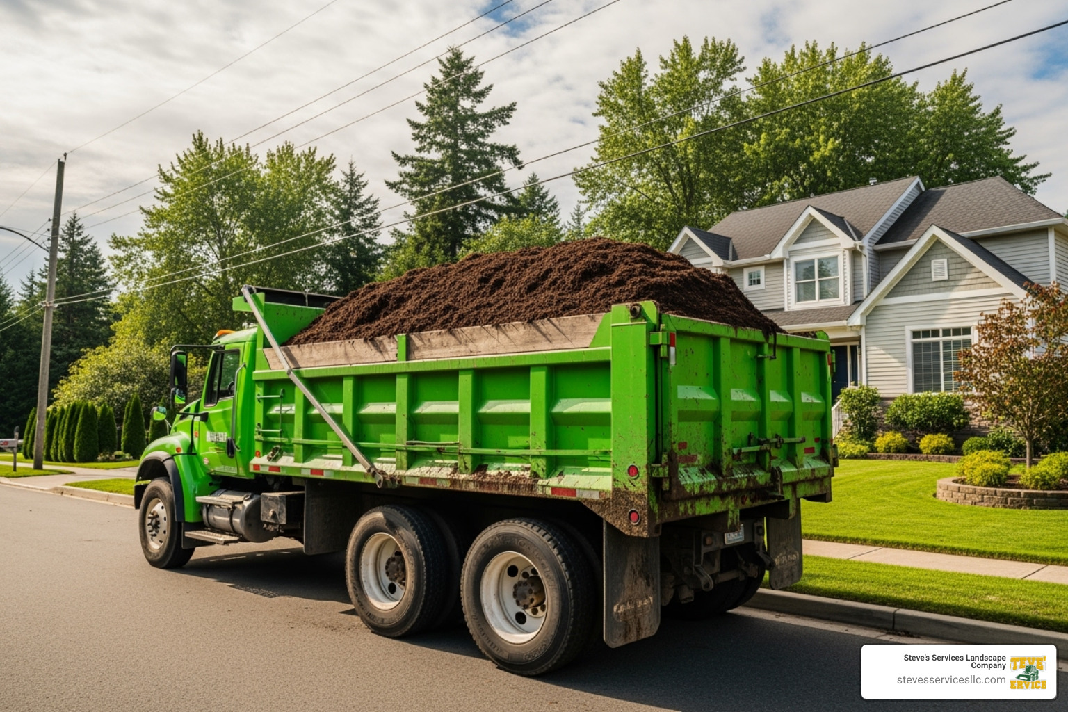 landscaping delivery truck on a residential street - Mulch Delivery Saugus MA