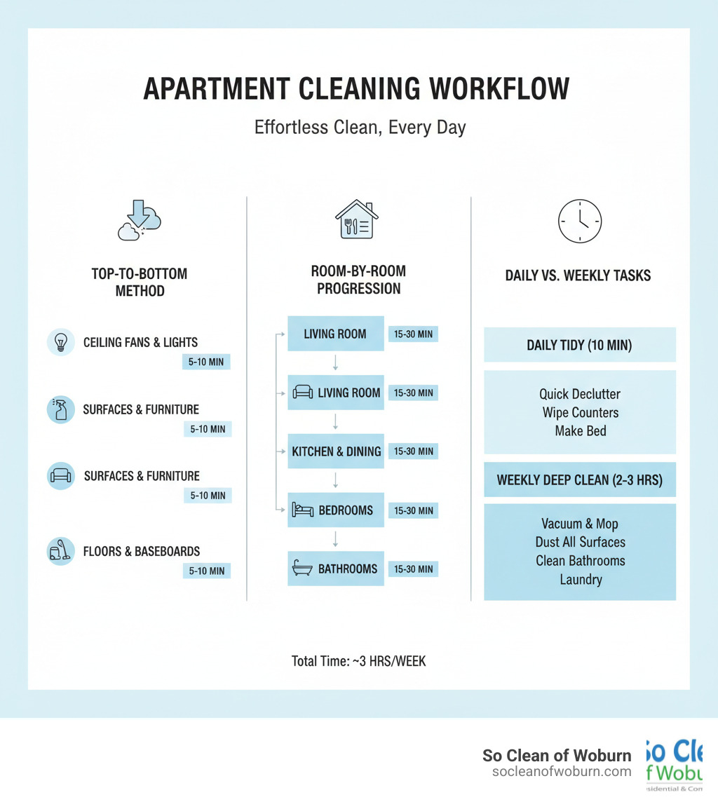 Comprehensive apartment cleaning workflow showing the top-to-bottom method, room-by-room progression, and daily vs weekly task breakdown with time estimates for each cleaning phase - clean the apartment infographic Comprehensive apartment cleaning workflow showing the top-to-bottom method, room-by-room progression, and daily vs weekly task breakdown with time estimates for each cleaning phase - clean the apartment infographic