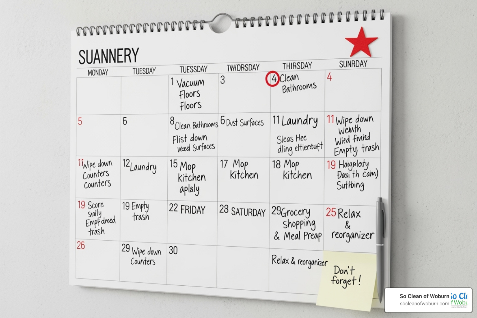 calendar with cleaning tasks scheduled - clean the apartment calendar with cleaning tasks scheduled - clean the apartment