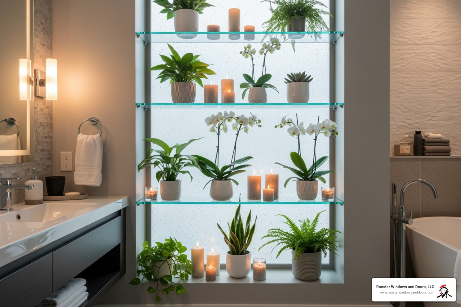 beautifully styled bathroom garden window with a mix of plants and decorative candles. - bathroom garden window
