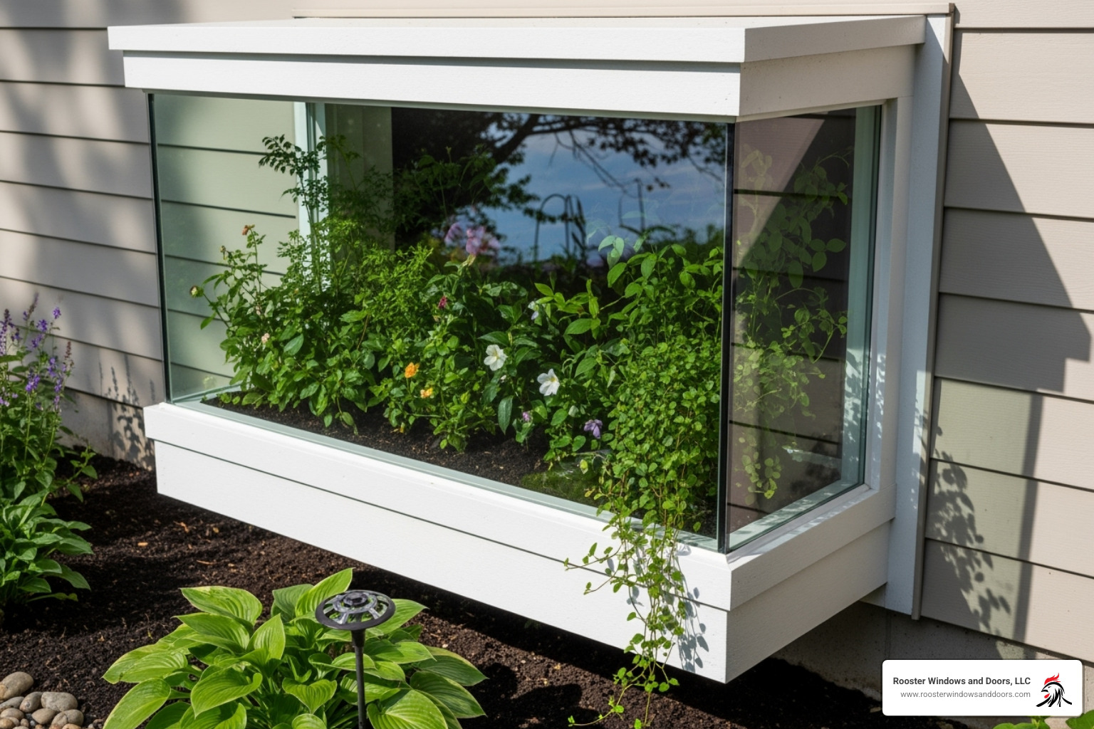 close-up of a garden window from the outside, showing its box-like projection. - bathroom garden window