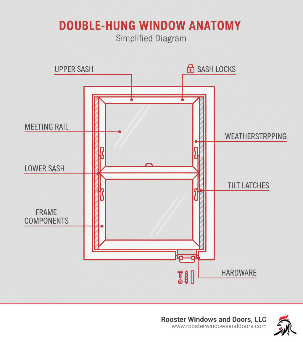 Detailed anatomy of double-hung window showing upper sash, lower sash, meeting rail, sash locks, tilt latches, weatherstripping, frame components, and hardware with labels for each part - Double hung window options infographic 