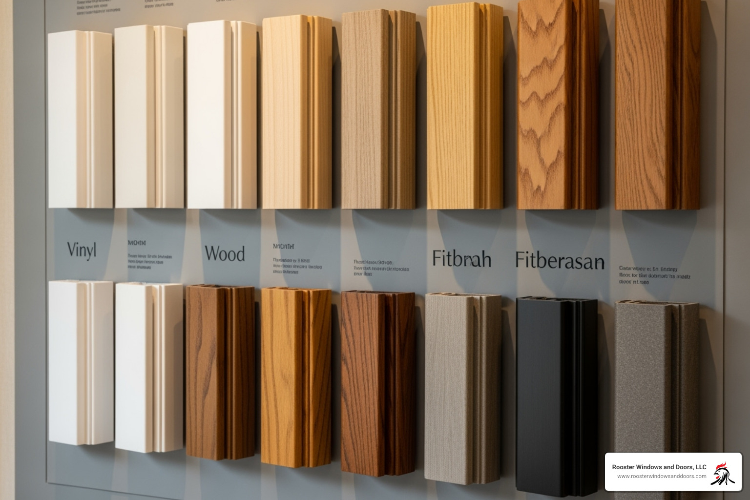 wall displaying various window material samples like vinyl, wood, and fiberglass - Double hung window options